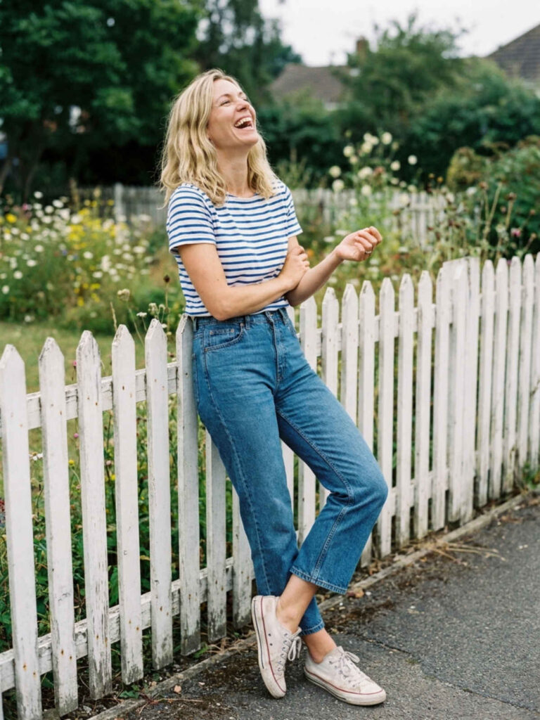 Woman laughing in a striped tee and cropped jeans leaning against a white picket fence.