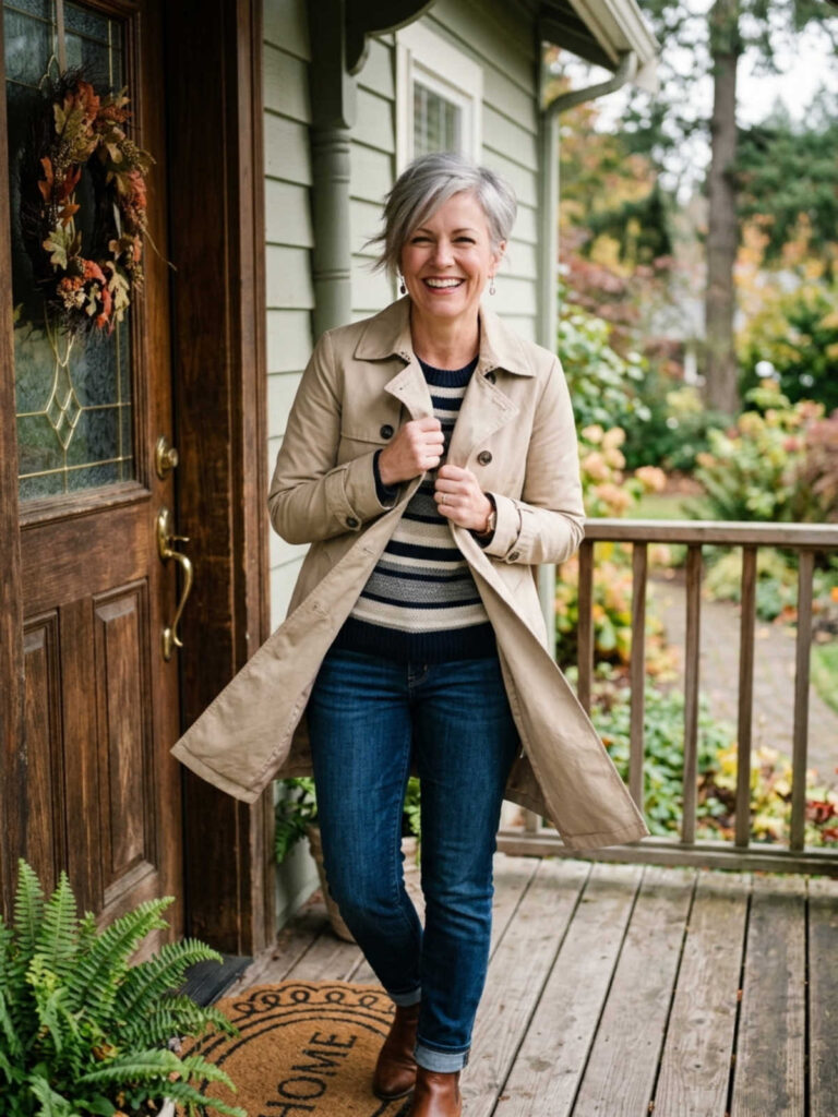 Woman in a trench coat and striped sweater smiling on a porch doorstep in fall.