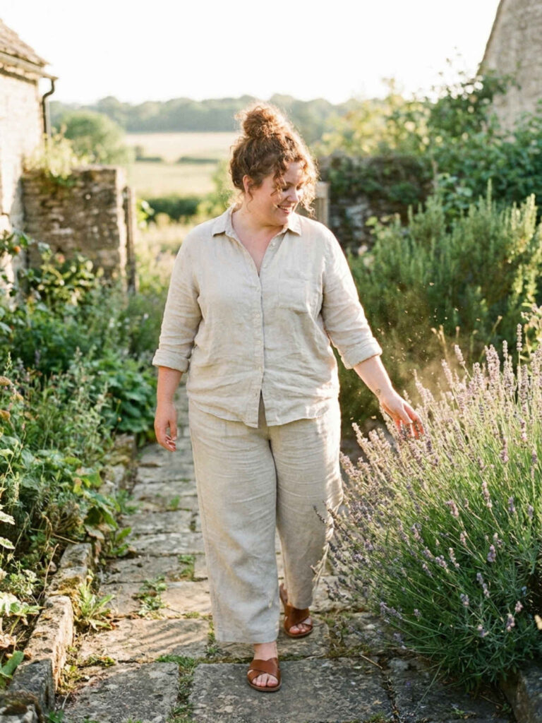 Plus-size woman in a linen shirt and wide-leg linen pants walking through a garden path.