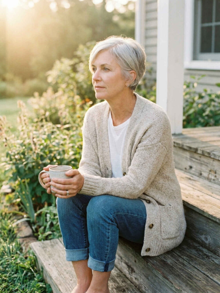 Silver-haired woman in a beige cardigan and jeans sitting on porch steps with coffee.