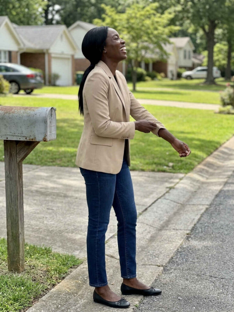 Woman in a camel blazer and dark denim jeans laughing by a suburban mailbox.