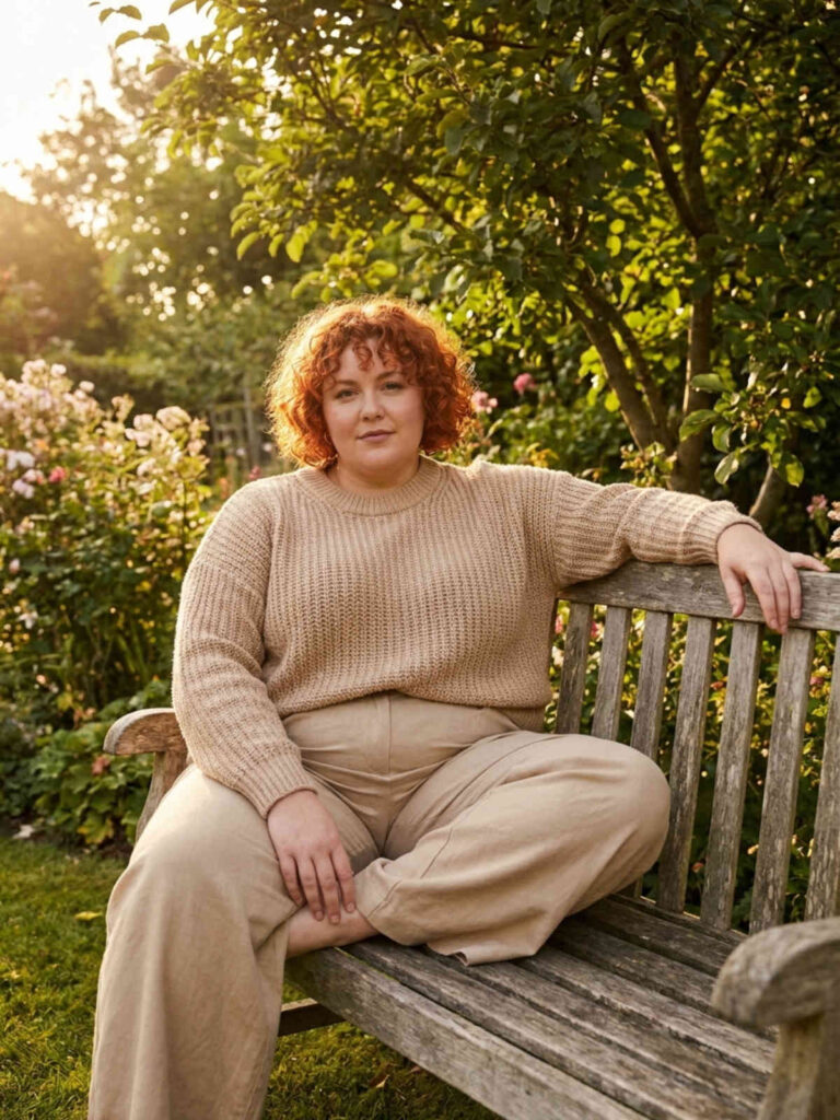 Plus-size woman in a monochrome beige knit sweater and trousers sitting on a garden bench.