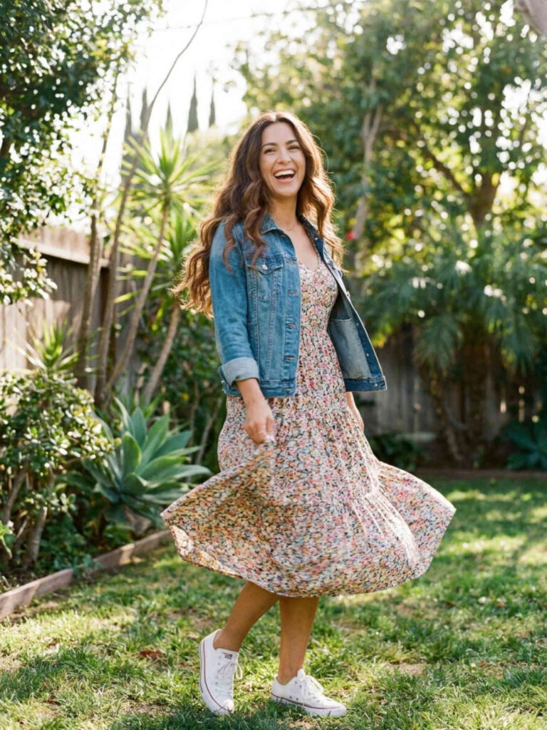 Woman twirling in a floral midi dress with a denim jacket in a backyard.