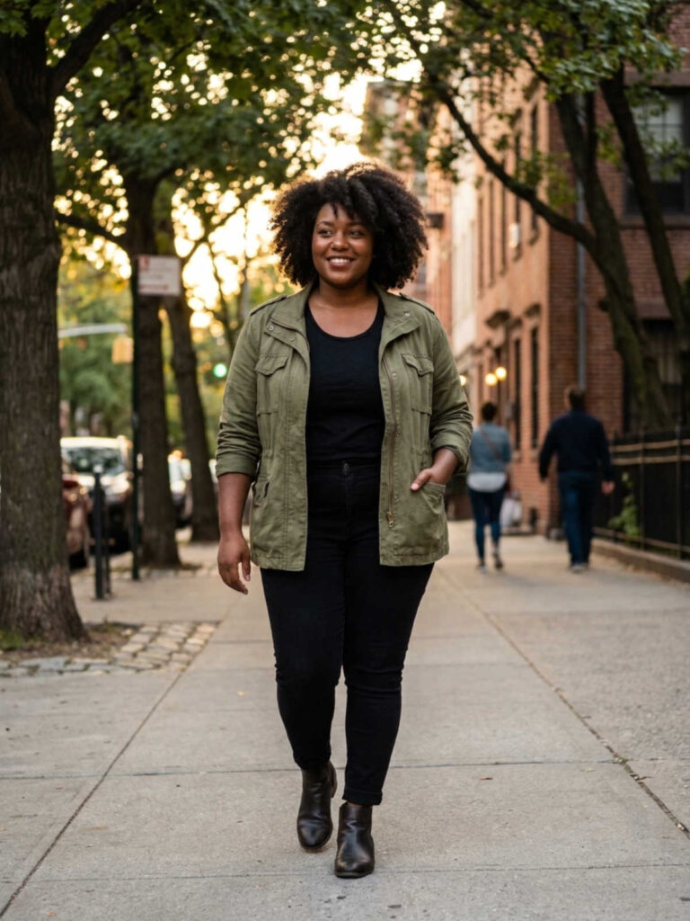 Plus-size woman in an olive utility jacket and black jeans walking down a city sidewalk.