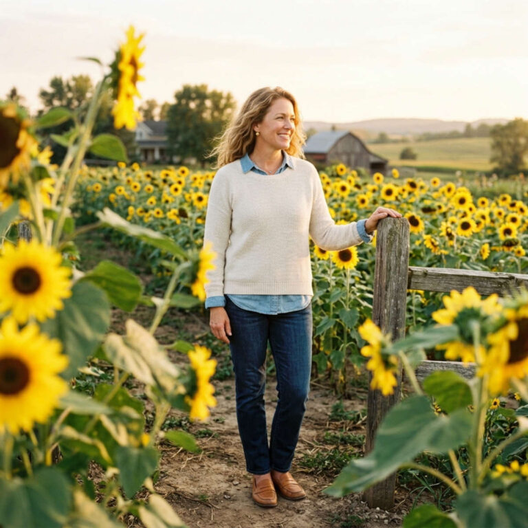 Woman in a cream sweater and jeans standing by a sunflower garden fence in soft afternoon light.