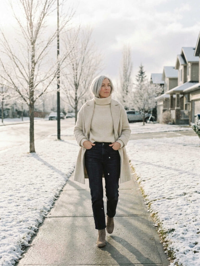 Woman in a cream turtleneck sweater and dark jeans walking down a snowy sidewalk.