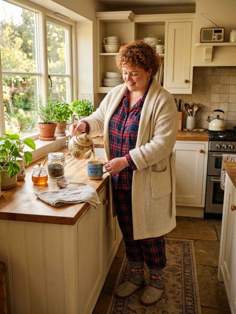 Plus-size woman in flannel pajamas and a wool robe pouring tea in the kitchen.