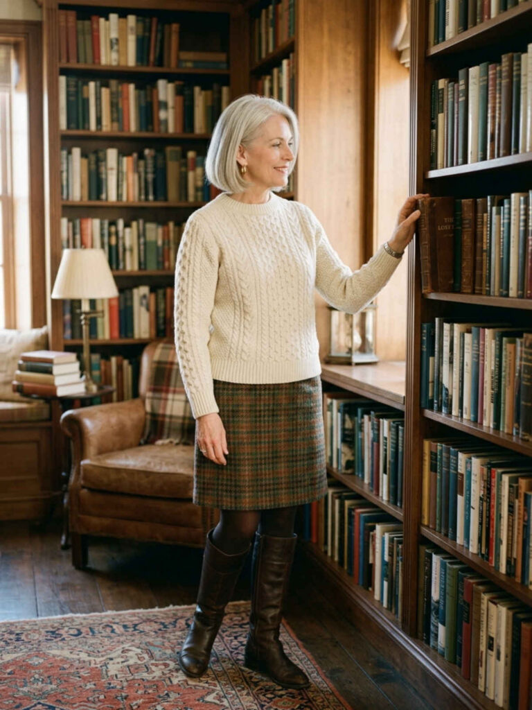 Woman in a cream cable knit sweater and tweed skirt standing by a bookshelf.