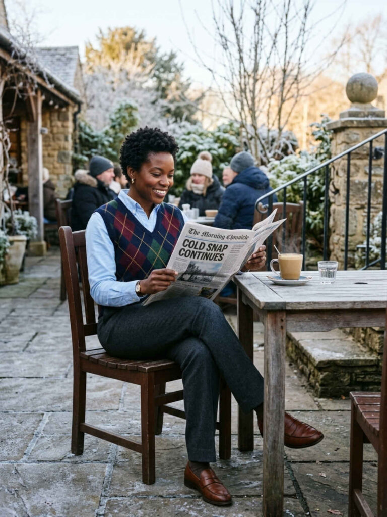 Woman in an argyle sweater vest and collared shirt seated with a newspaper outdoors.