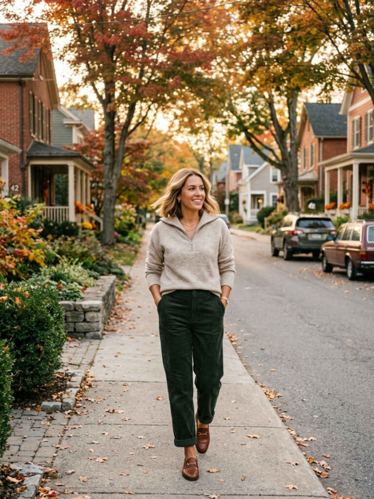 Woman in a quarter-zip sweater and corduroys walking down a quiet street.