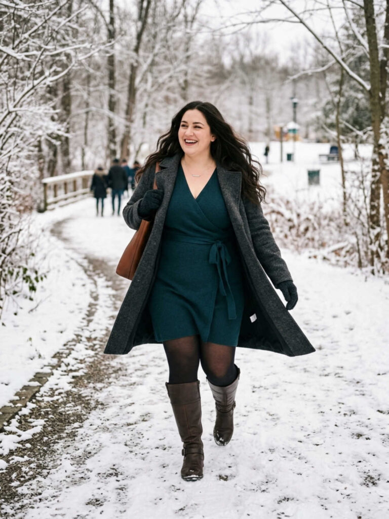 Plus-size woman in a wrap sweater dress and tall boots walking through a snowy park.
