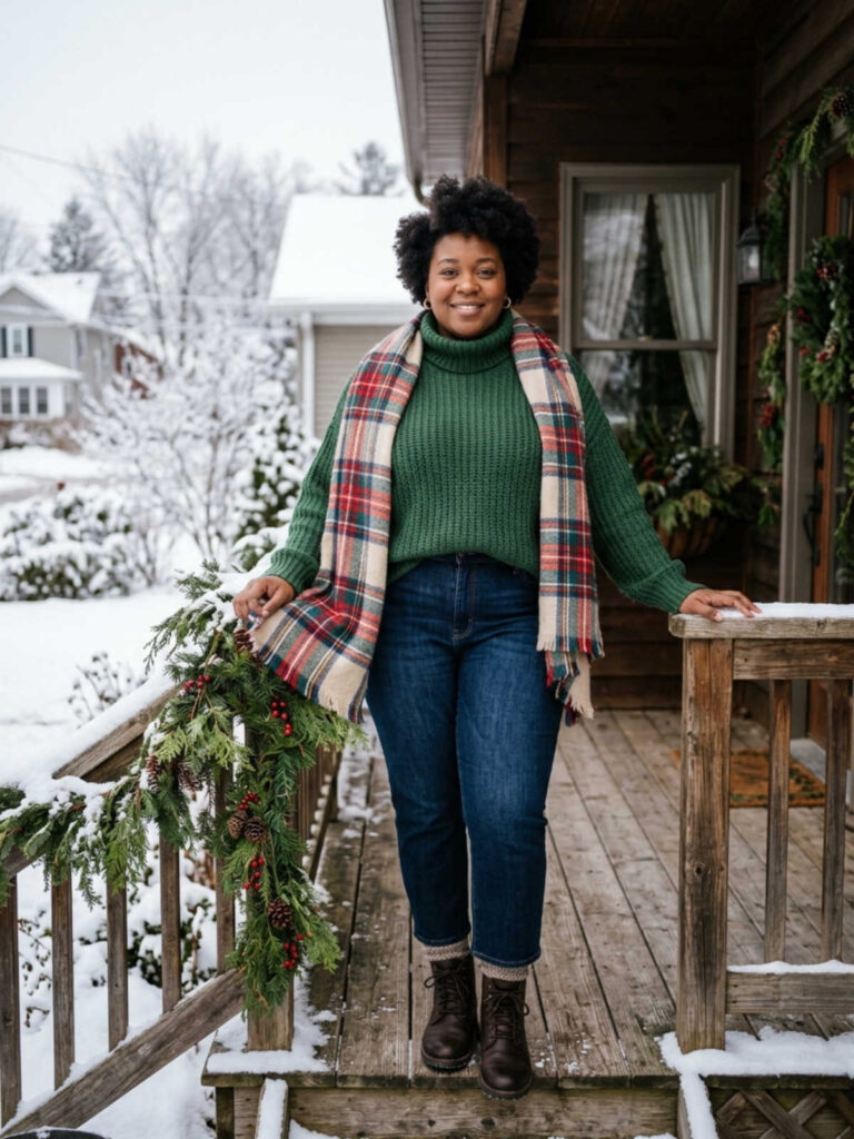 Plus-size woman in an oversized turtleneck and jeans standing on a porch in winter.