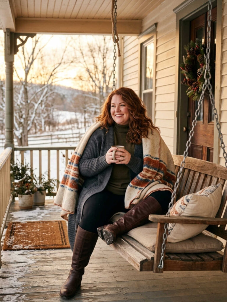 Plus-size woman in a long cardigan and turtleneck sitting on a porch swing with a blanket.