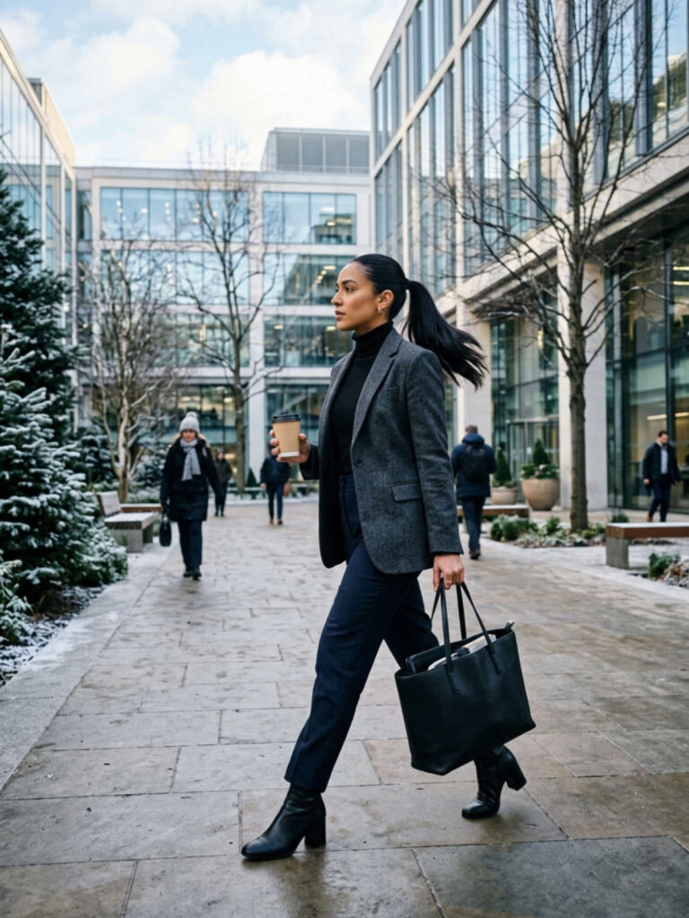 Woman in a wool blazer and turtleneck walking through an office courtyard in winter.