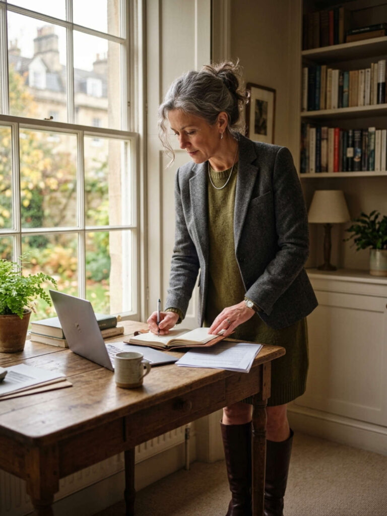 Woman in a sweater dress and blazer standing at a desk near a window.