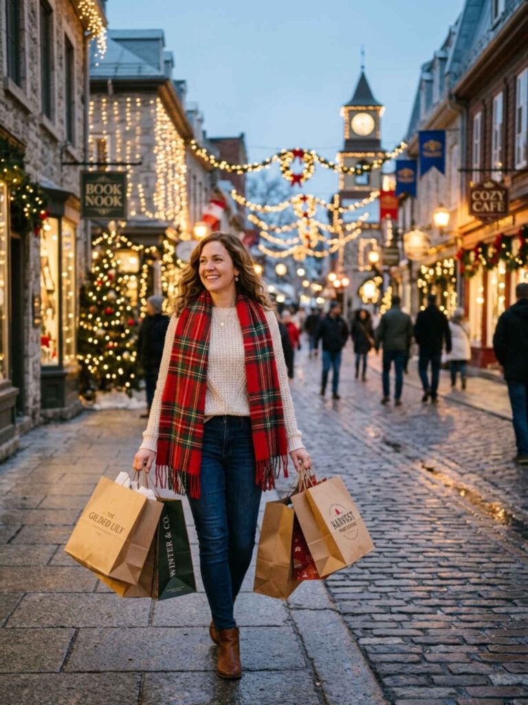 Woman in a plaid scarf and cream sweater carrying shopping bags on a decorated winter street.