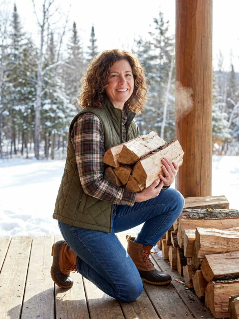 Plus-size woman in a flannel shirt and quilted vest carrying firewood on a porch.