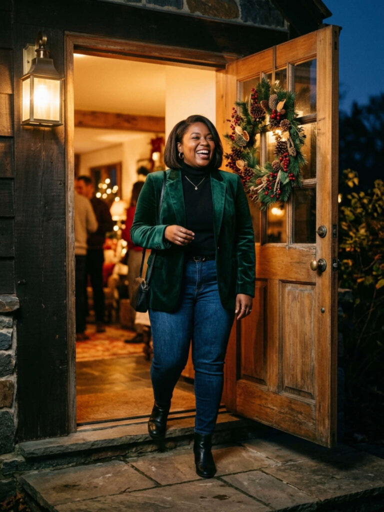 Plus-size woman in a velvet blazer and turtleneck standing at a doorway with a holiday wreath.