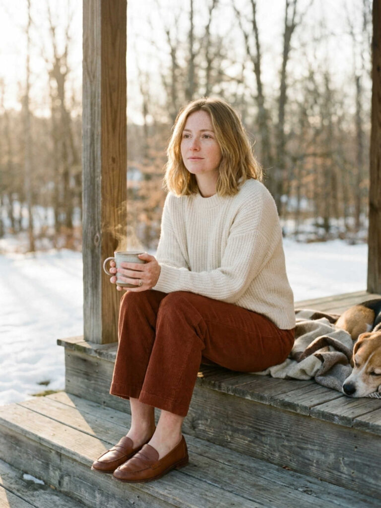 Woman in a crewneck sweater and corduroy pants sitting on porch steps with a mug.