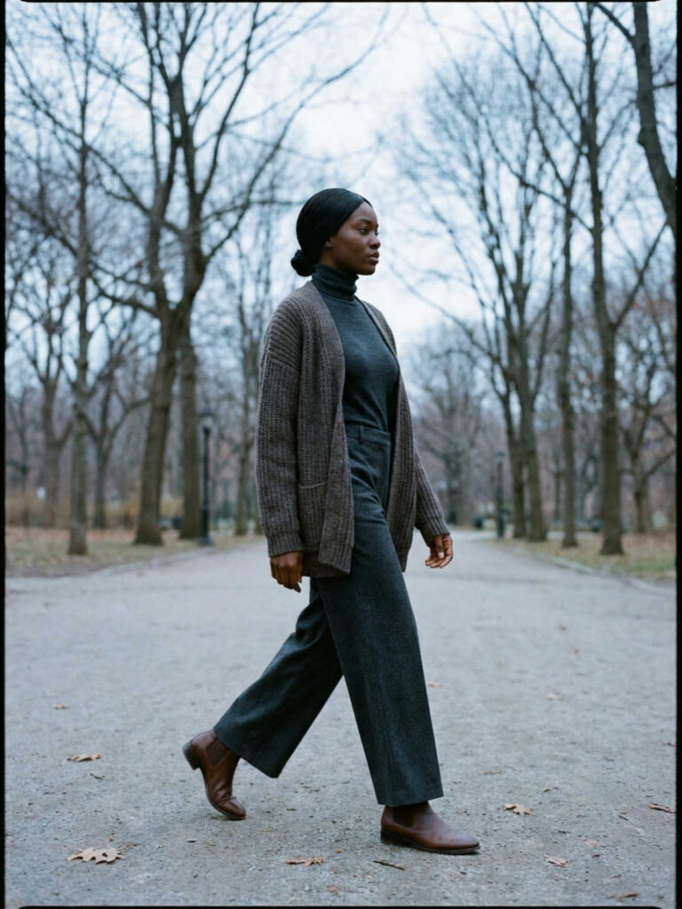 Woman in a merino turtleneck and cardigan with wool trousers walking through a winter park.