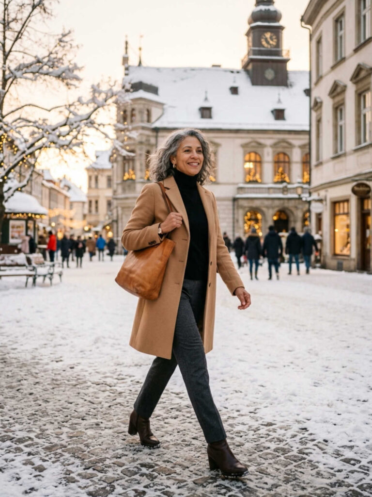 Woman in a camel wool coat and black turtleneck walking through a snowy town square.