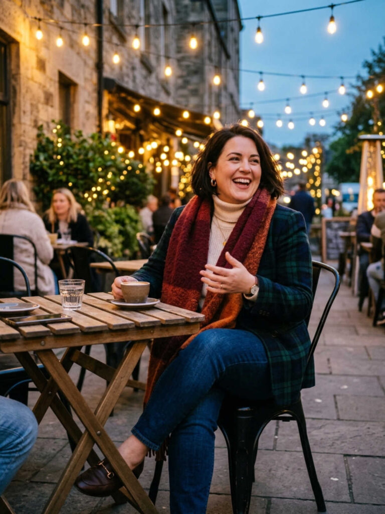 Plus-size woman in a plaid blazer and turtleneck laughing at an outdoor café table.