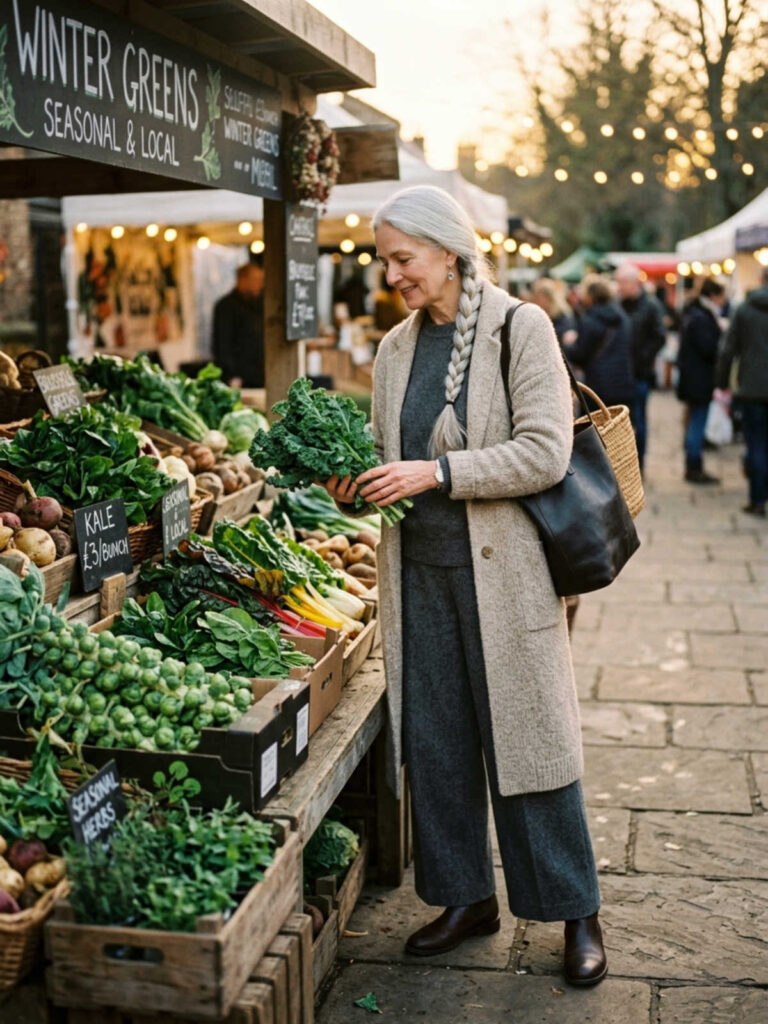 Woman in a long cardigan coat and cashmere sweater browsing a winter market stall.