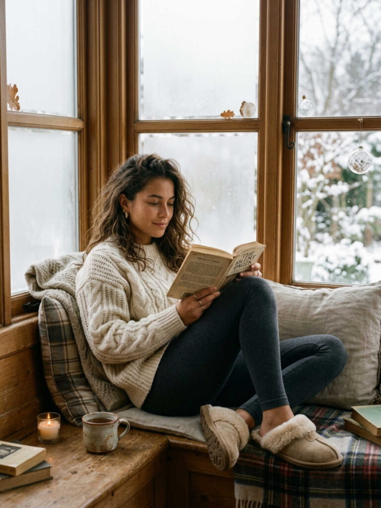 Woman in an oversized cable knit sweater and leggings reading in a window seat.