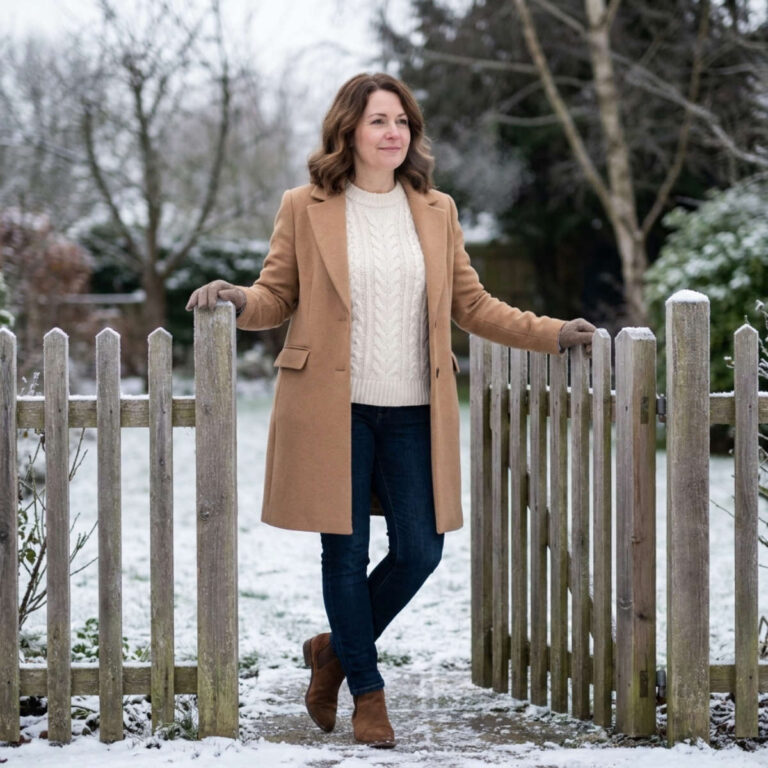 Woman in a camel wool coat and cream sweater standing at a frosted garden gate in winter.