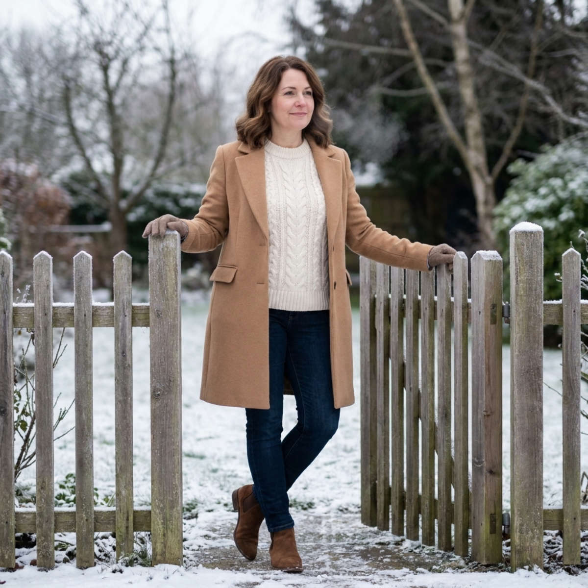 Woman in a camel wool coat and cream sweater standing at a frosted garden gate in winter.