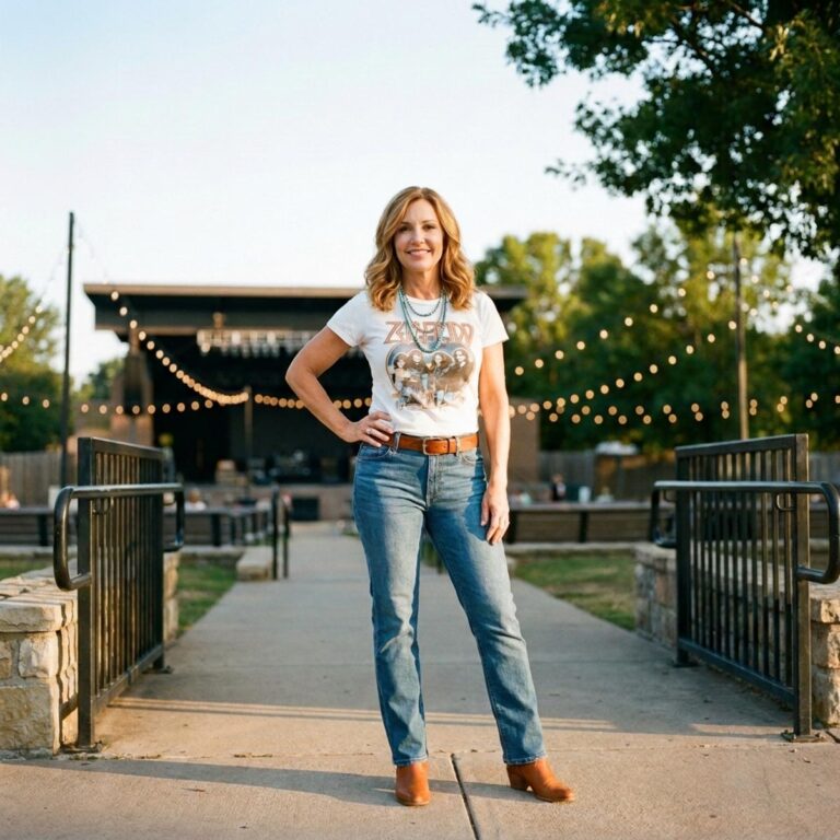Country concert outfit for women over 50 with graphic tee and jeans at outdoor venue.