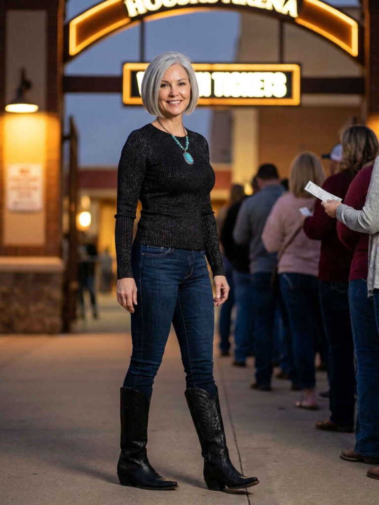 Dressy country concert outfit idea with black top and tall boots for an evening arena show.