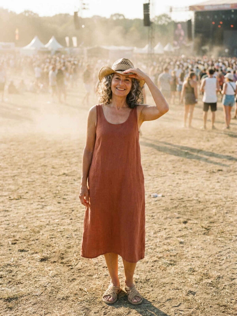 Linen sundress and straw hat outfit for a hot-weather outdoor music festival.