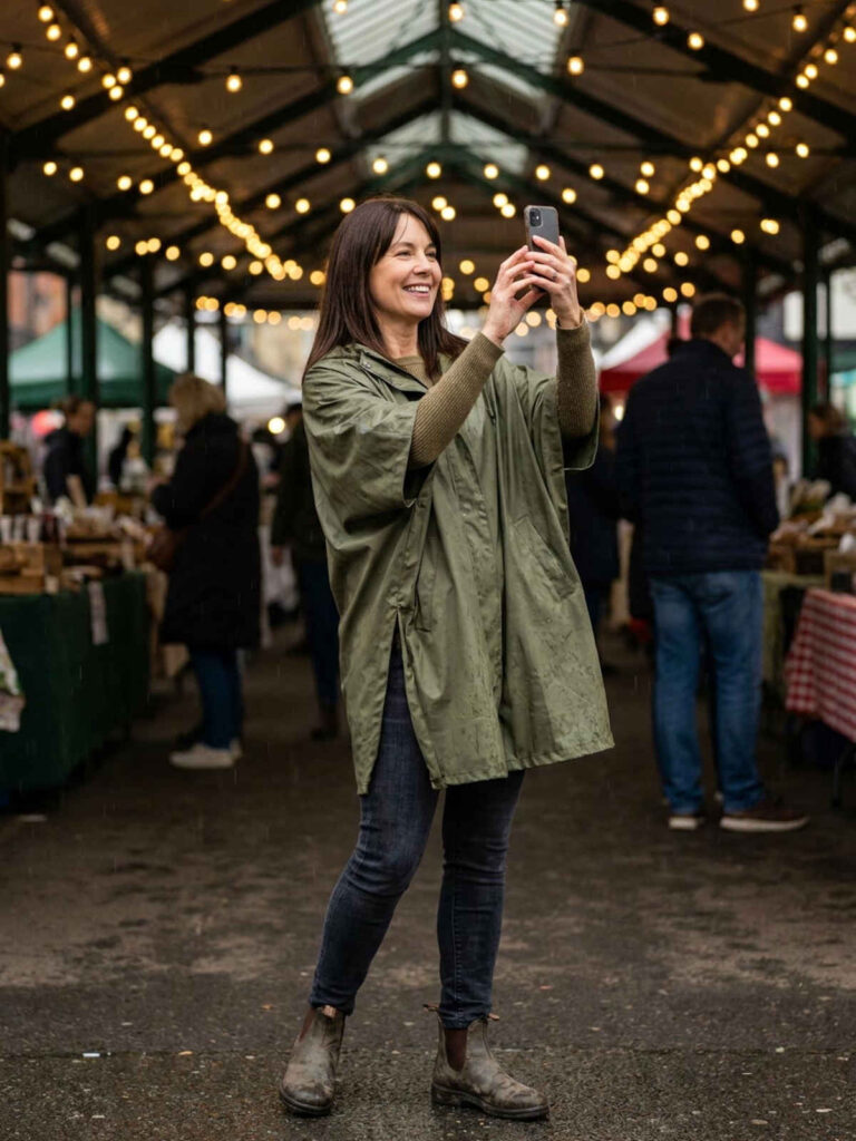 Rain poncho and boots outfit idea for a cool or rainy outdoor concert.