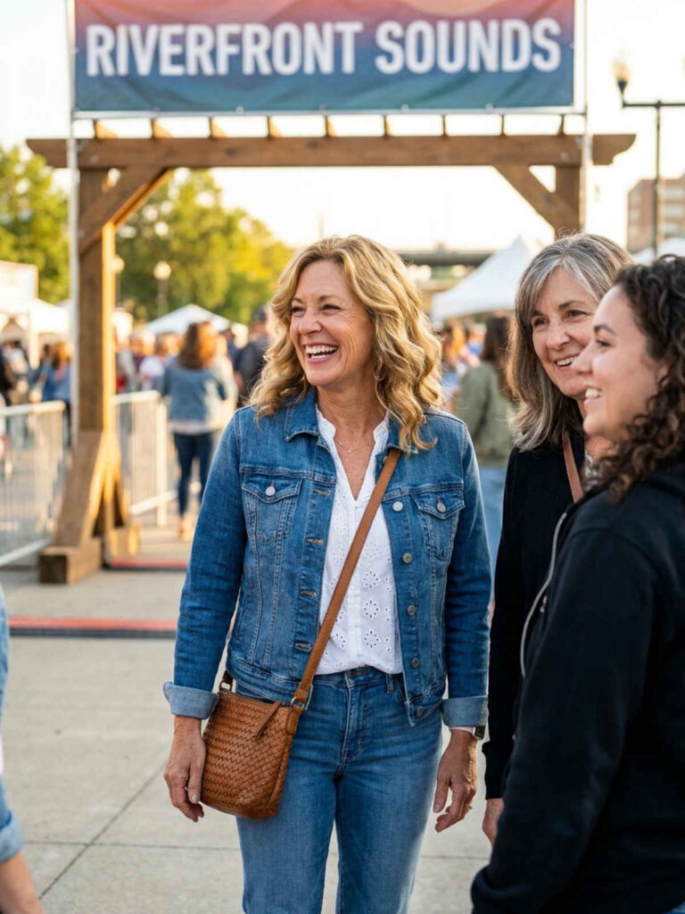 Denim jacket and eyelet top outfit for a casual concert outing with friends.