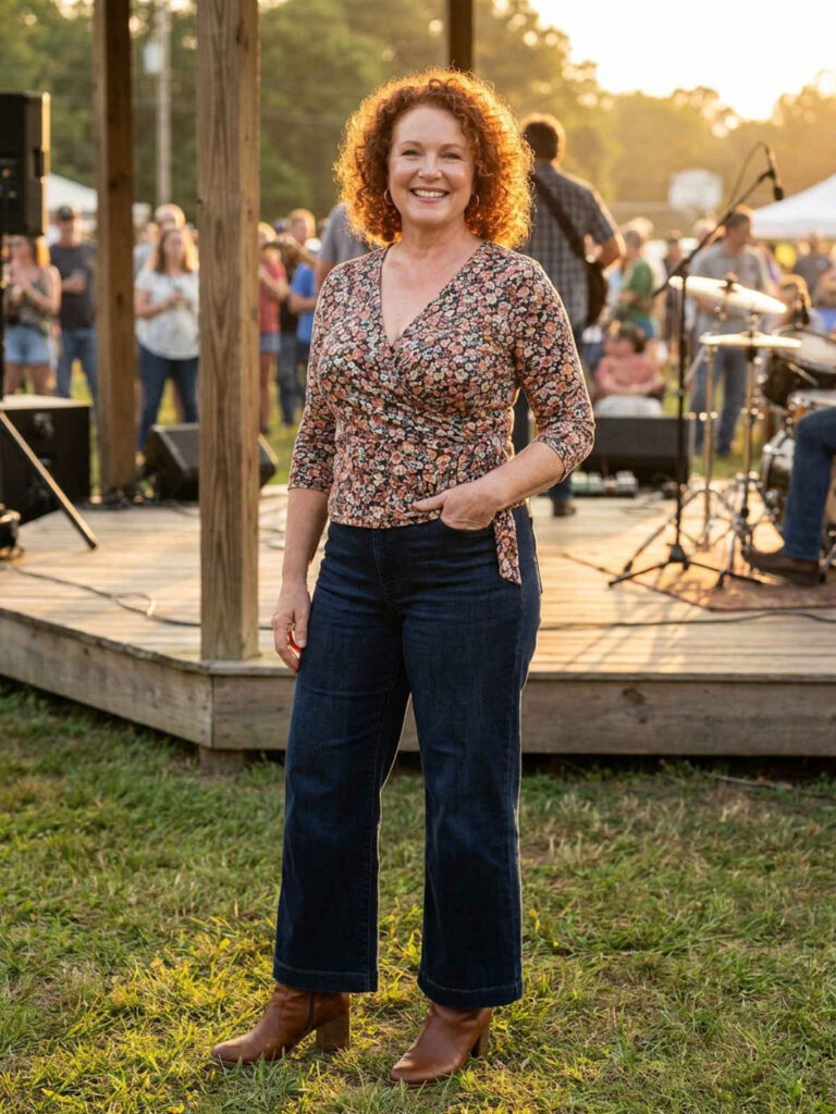 Plus-size country concert outfit with a floral wrap top and wide-leg jeans.