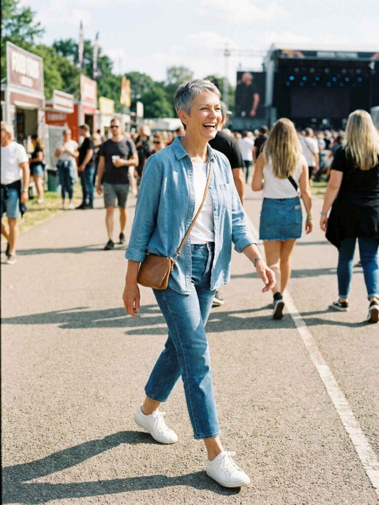 Comfortable concert outfit with chambray shirt, cropped jeans, and sneakers.