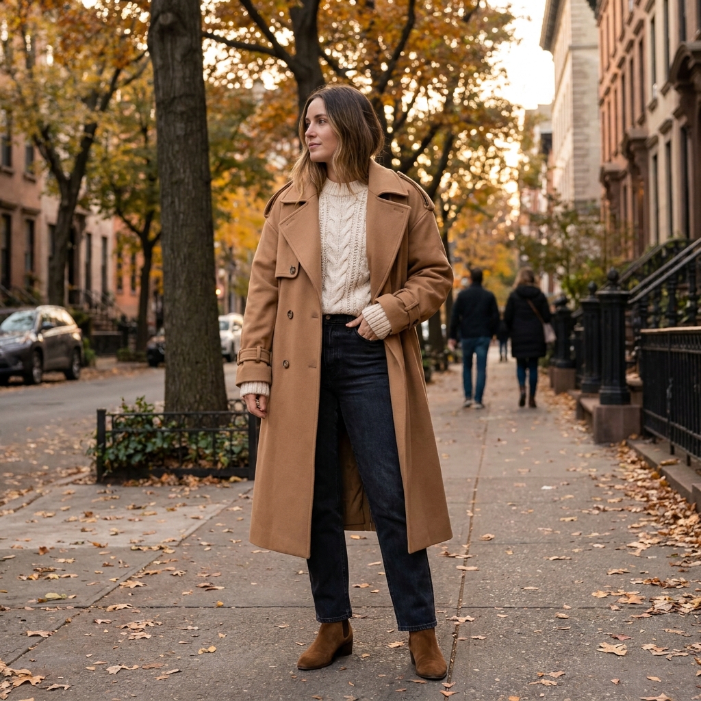 A woman wearing a camel trench coat over a cream sweater and dark jeans, carrying a tan leather bag, on a tree-lined city sidewalk in early fall.