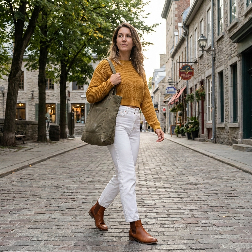 A woman wearing a mustard sweater over white jeans with cognac boots, walking down a cobblestone street holding an olive tote bag