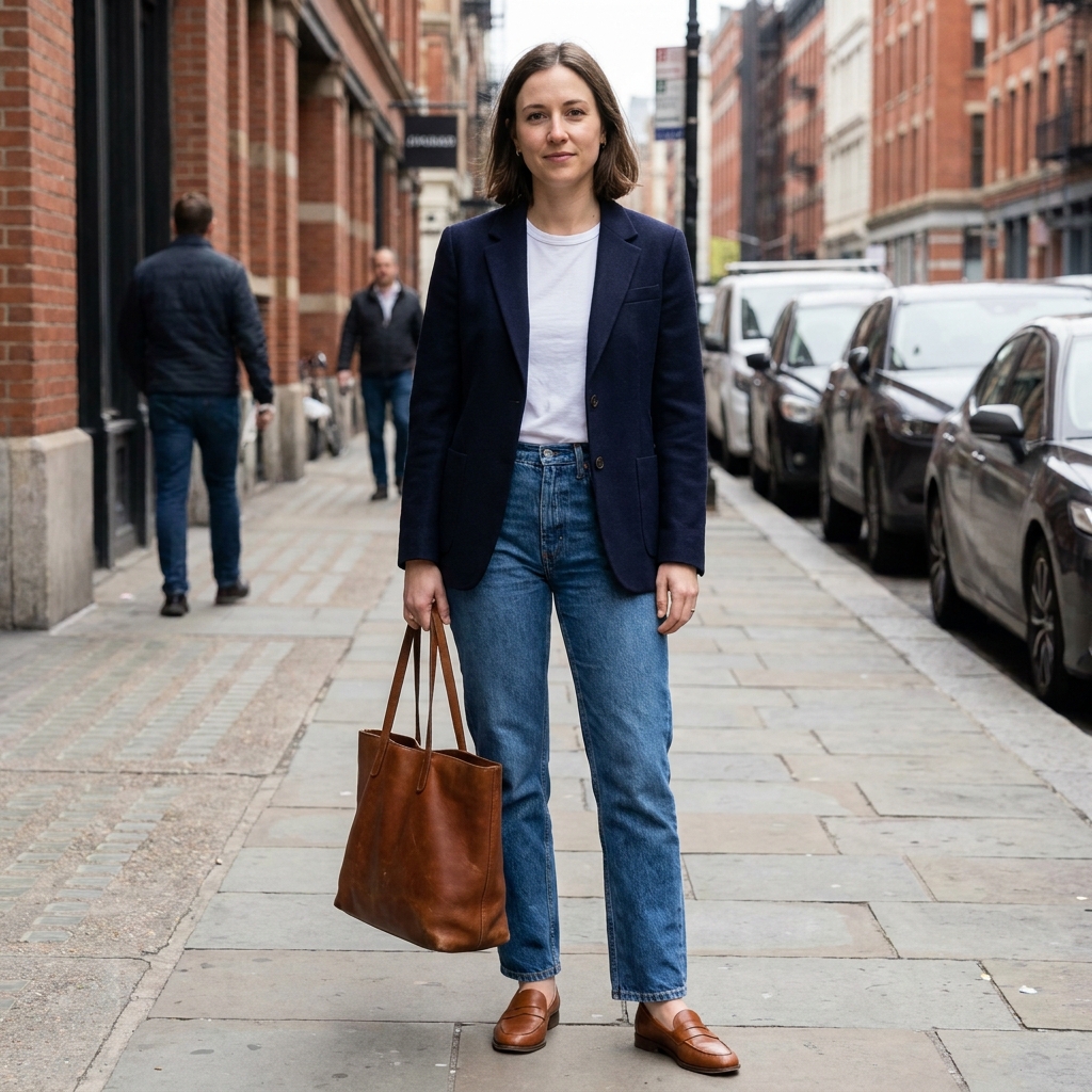 A woman wearing a navy blazer over a white t-shirt and jeans, with cognac loafers, standing on a brick-lined city street.