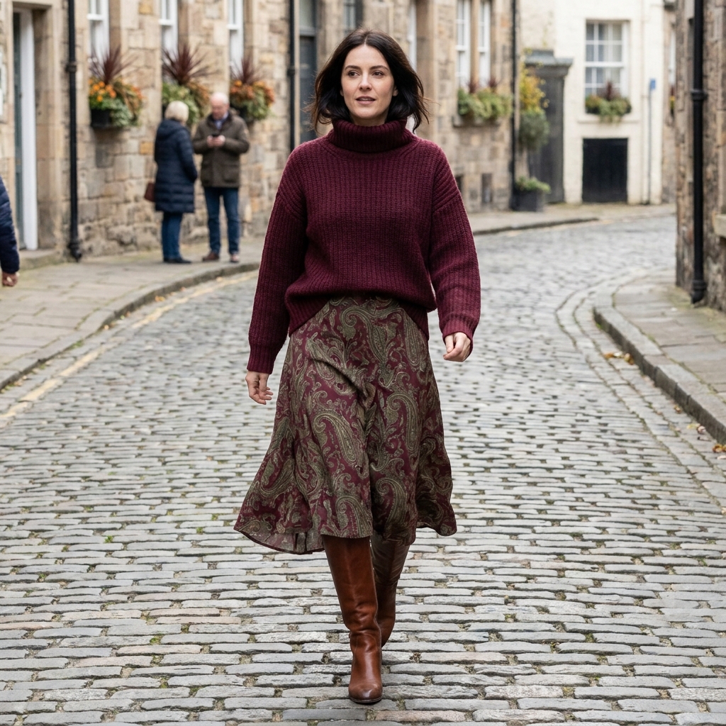 A woman wearing a burgundy turtleneck and a paisley print midi skirt, paired with tall brown boots, on a cobblestone European street.
