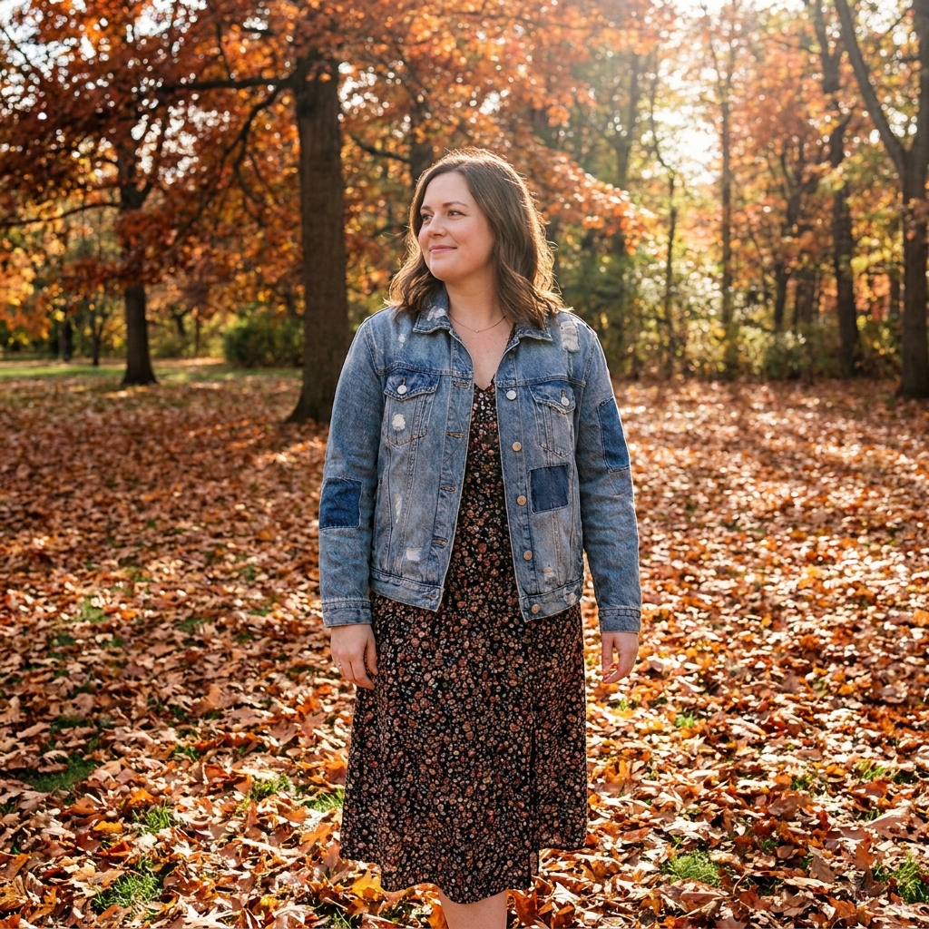 Alt text: A woman wearing a distressed denim jacket over a floral dress, standing in a park covered in fallen leaves.