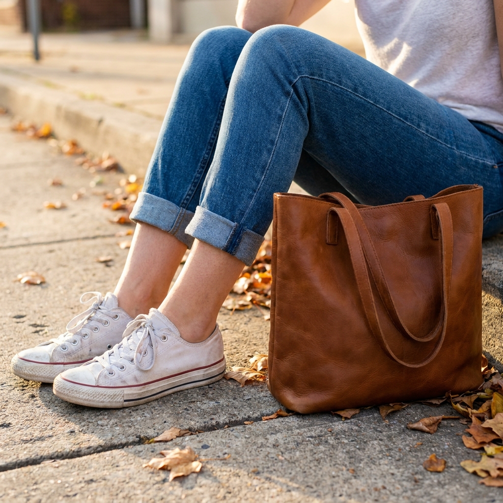 A close-up of cuffed denim jeans and white canvas sneakers, with a brown leather tote bag resting nearby on a sidewalk.