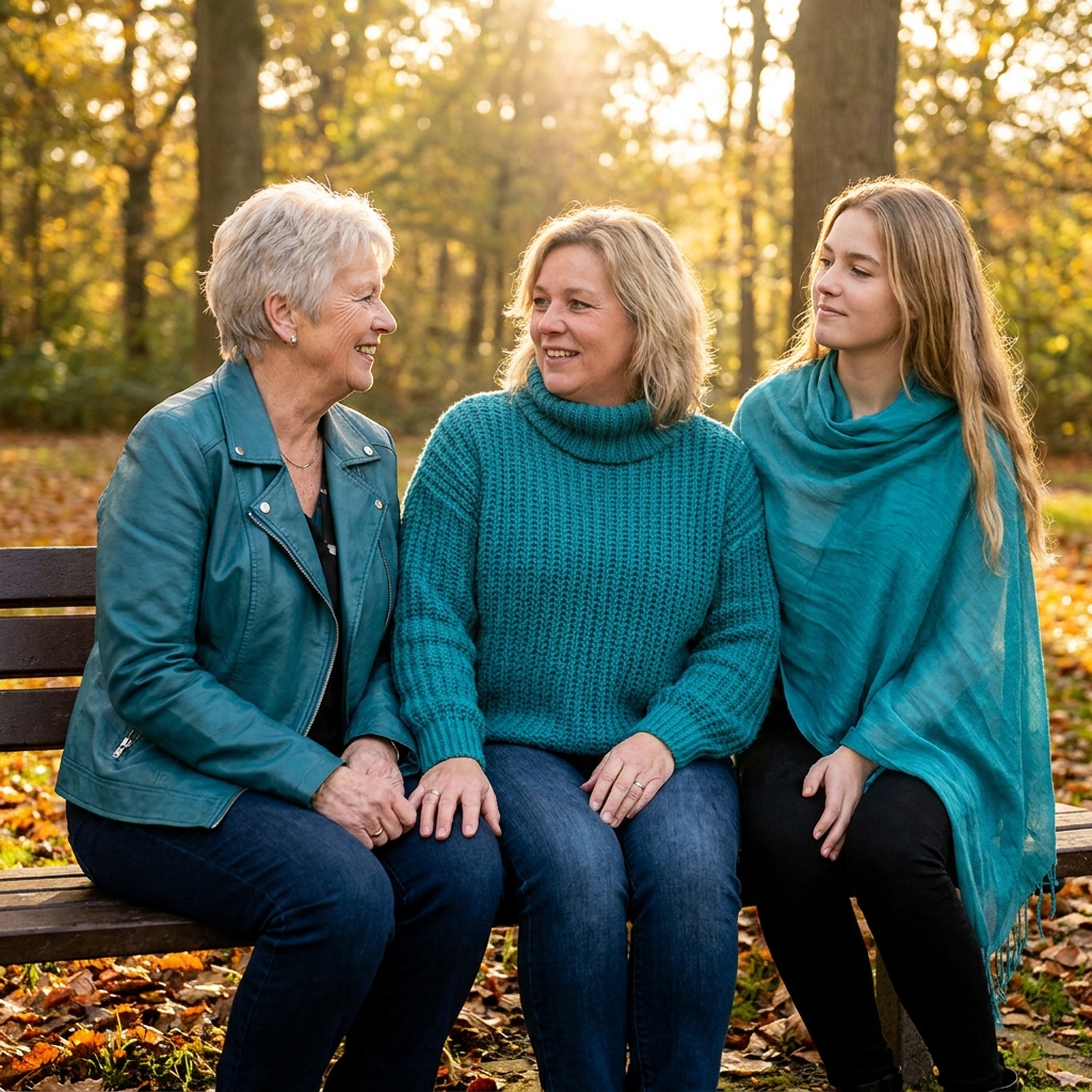 Three women sitting outside and laughing, each incorporating a teal piece into their outfit in a different way, a scarf, a sweater, and a jacket.