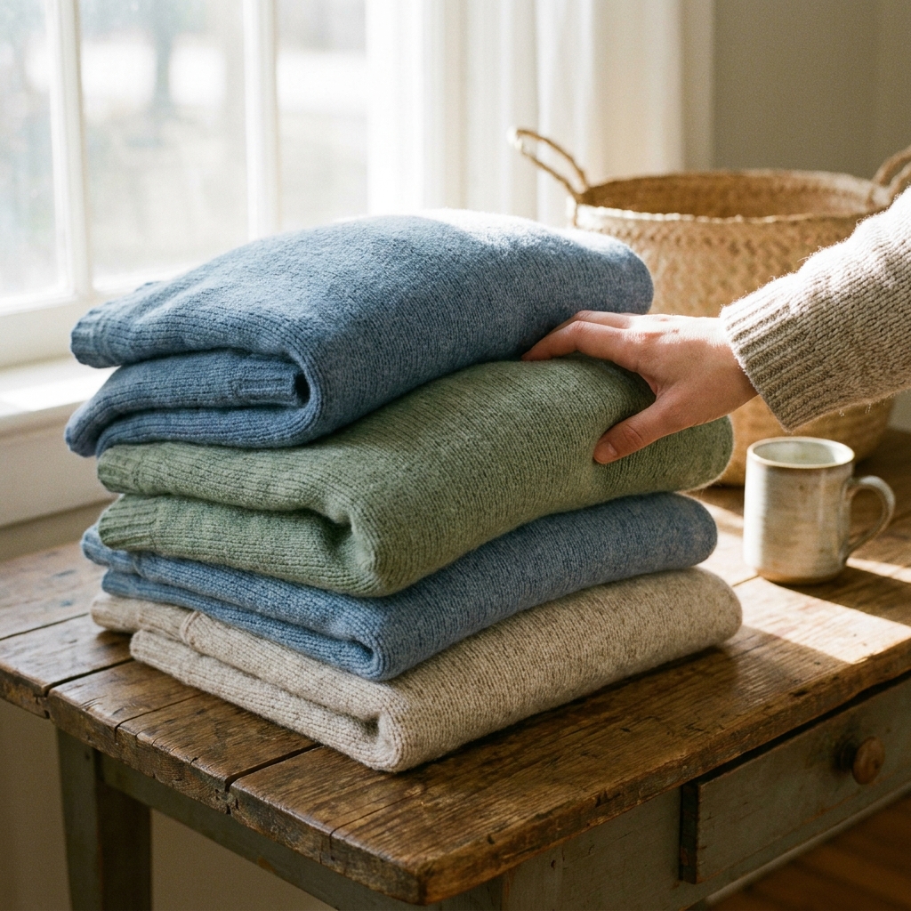 A neatly folded stack of sweaters in sage green, dusty blue, and oatmeal wool, sitting on a wooden shelf near a window.