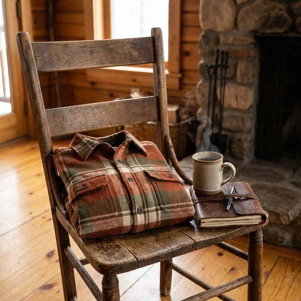 A plaid flannel shirt-jacket in rust, olive, and cream, folded on a wooden chair beside a coffee mug and a journal.