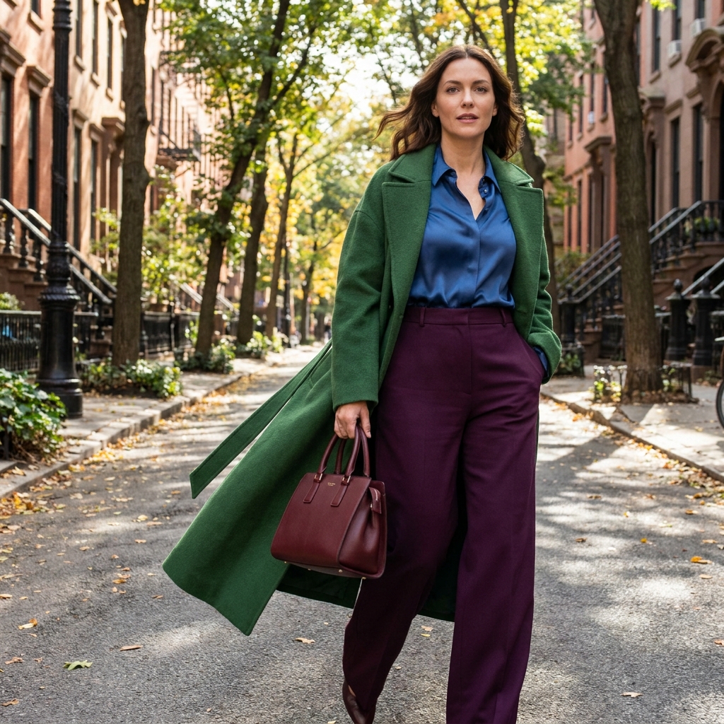 A woman in a forest green wool coat over a jewel-toned blue blouse and purple trousers, carrying a burgundy leather handbag on a city sidewalk.