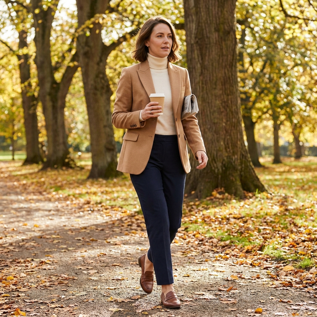 A woman in a light chambray shirt and dark denim jeans with cognac ankle boots, standing outside a cafe with a brown crossbody bag.