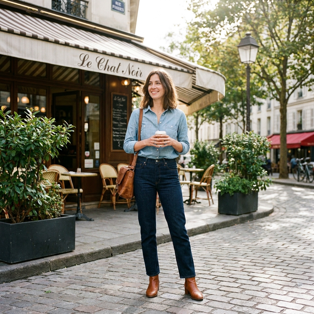 Woman in an olive green utility jacket, navy and white striped tee, and mid-wash jeans, holding a coffee cup and canvas tote bag on a city sidewalk