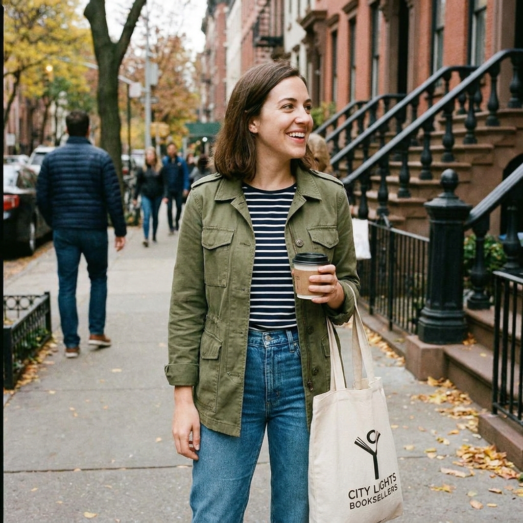 A woman in an olive utility jacket over a striped tee and jeans, carrying a canvas tote and coffee cup on a tree-lined sidewalk.